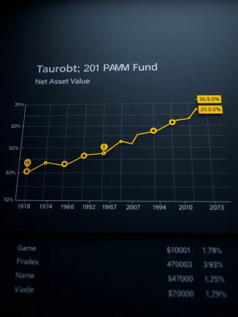 A line graph showing the steady growth of the Taurobot PAMM Fund's net asset value (NAV) over the past year, with clear labels for key milestones and percentage gains.