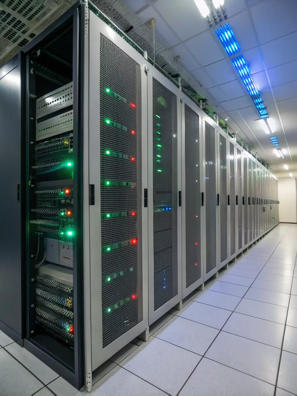 A professional photograph of a modern server room with blinking lights, symbolizing the technological infrastructure behind Taurobot's automated trading platform.